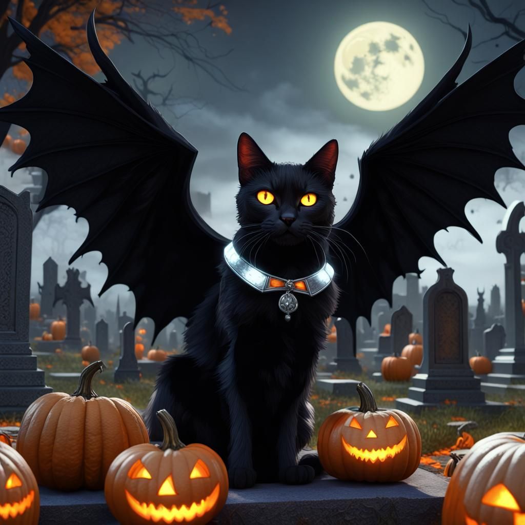 Winged Black Cat in Graveyard: Dark Fantasy Art