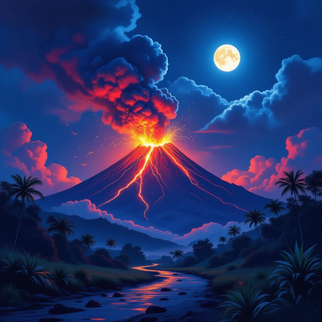 Arenal Volcano Erupting at Night, Apocalyptic Landscape