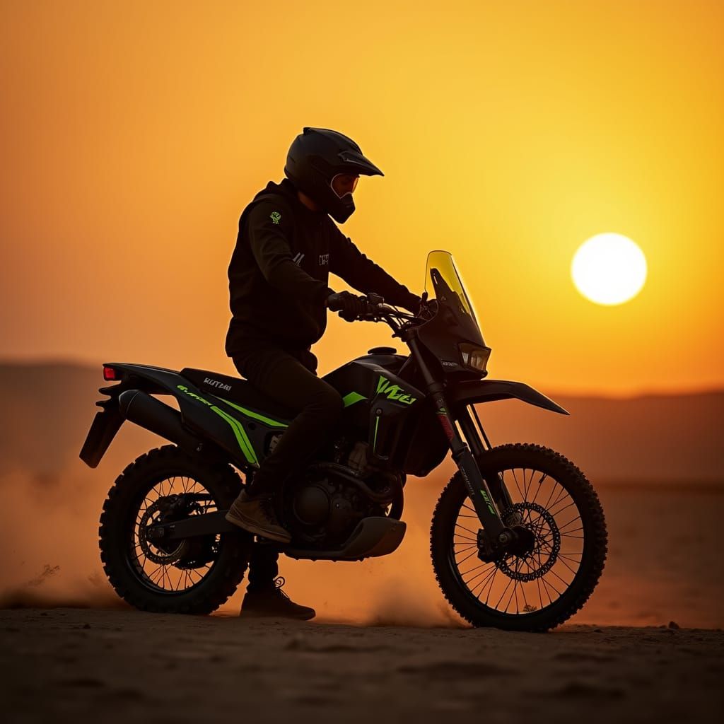 Biker Arrives at Sahara Club Amidst Amber Sunrise