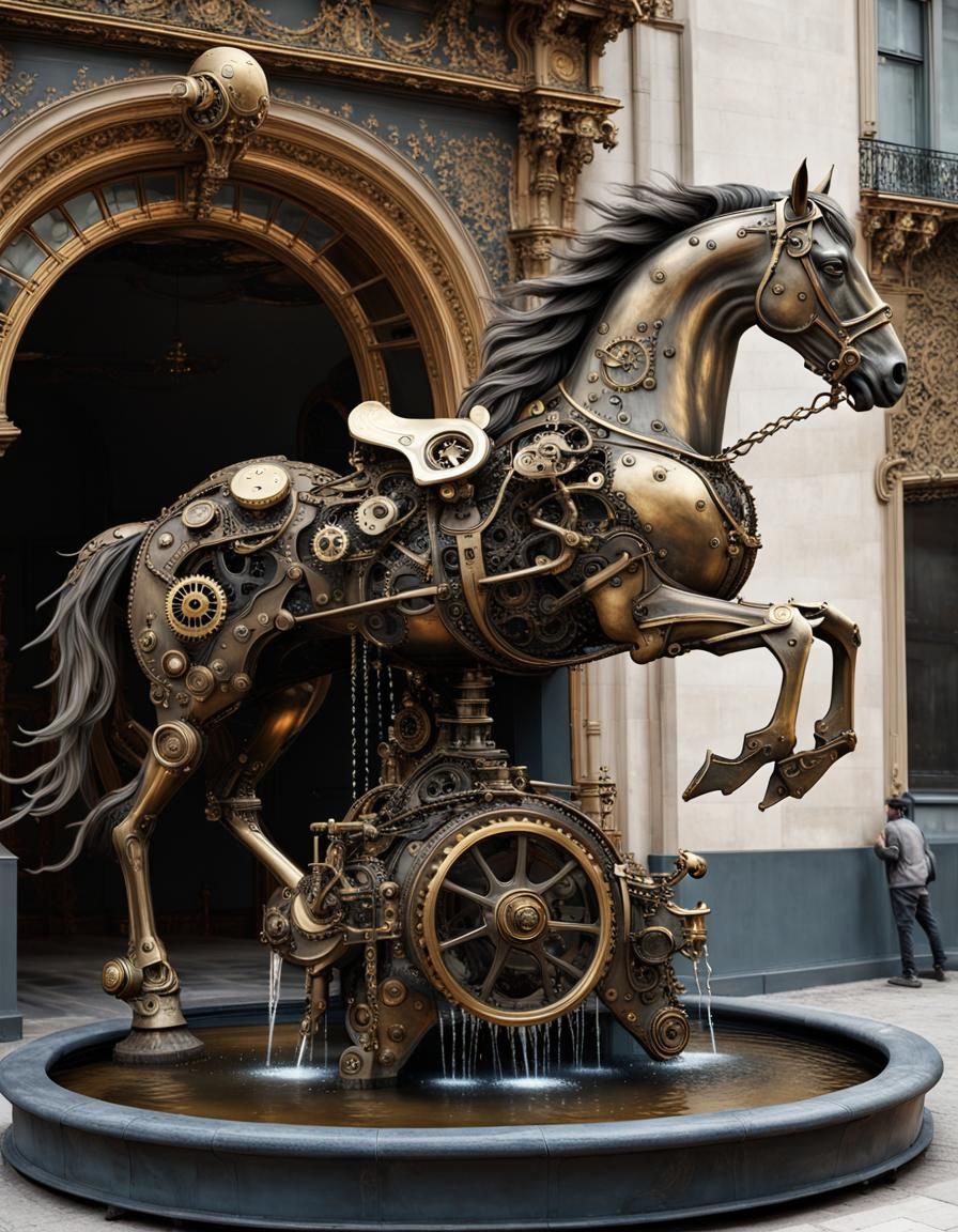 a beautiful steampunk fountain, the multiplication of the horse made from gears, a brass metal, neon glowing water, intr...