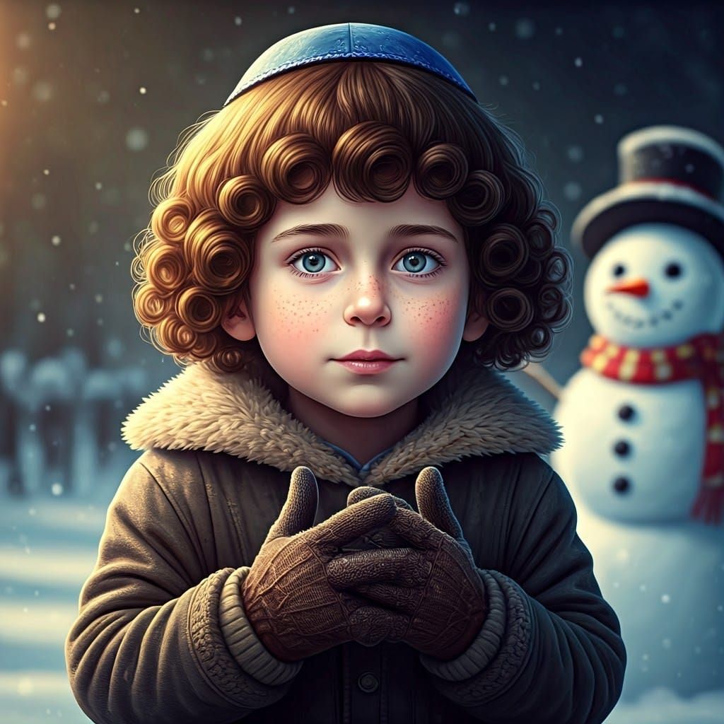 Hasidic Boy in Winter Wonderland with Vibrant Wigs and Snowm...