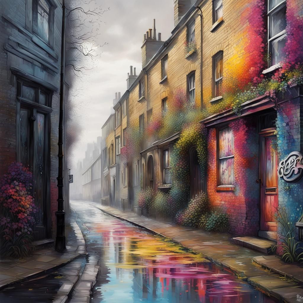 Misty London Street Leading to Secret Flower Meadow