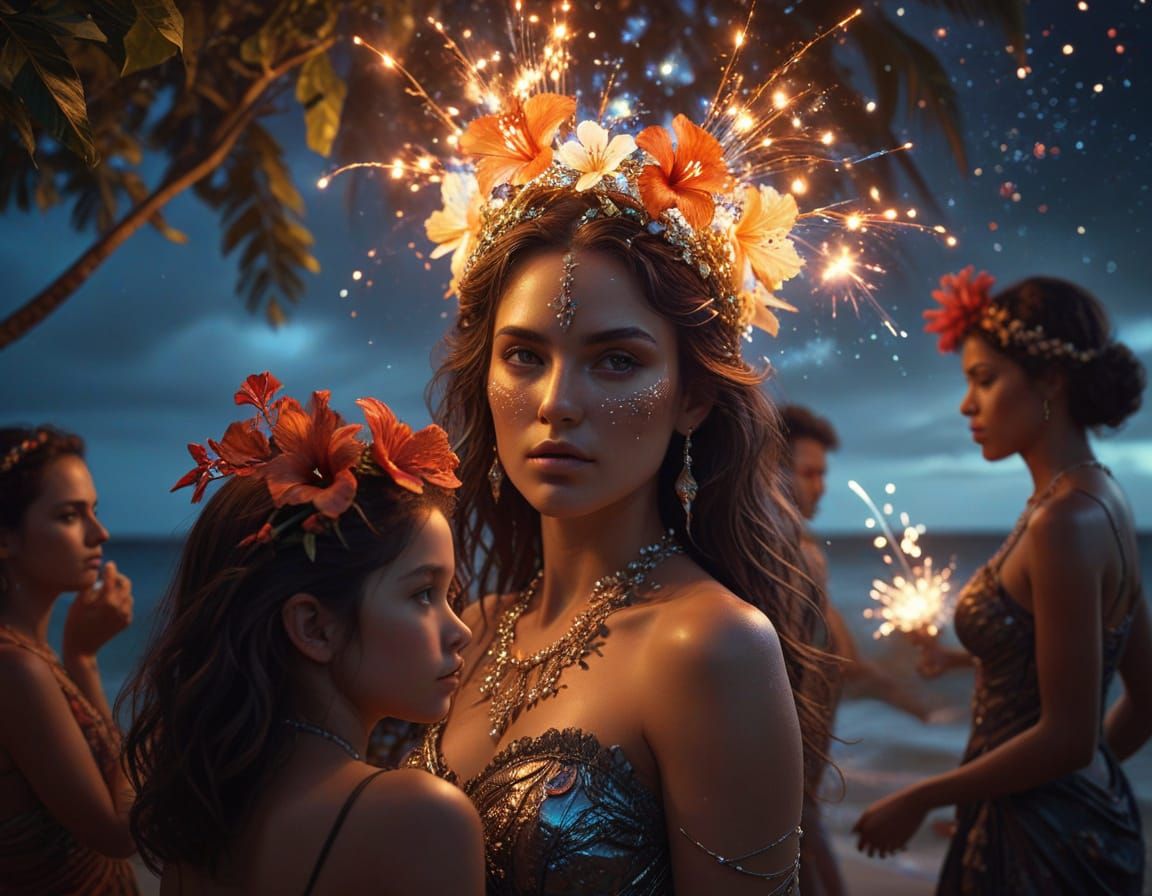 Family at Hawaiian Festival with Hibiscus Crowns