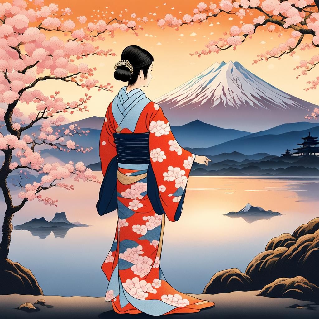 Serene Japanese Woman Admires Majestic Mount Fuji at Sunset