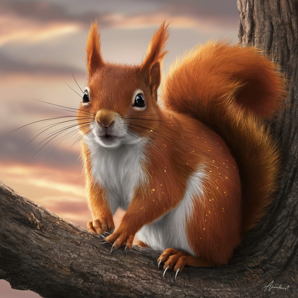 Vibrant Red Squirrel Portrait at Sunset