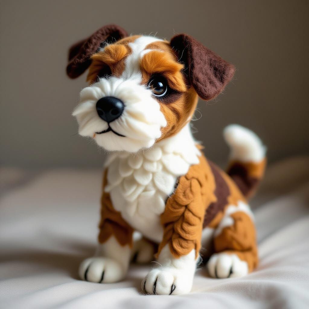 Detailed Felted Dog Sculpture with Dramatic Lighting