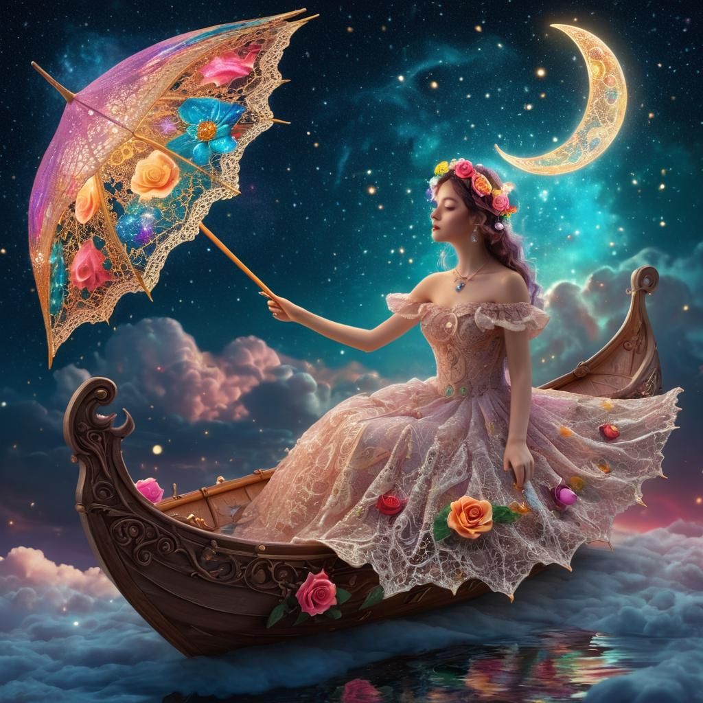 Fairy Sailing a Leaf Boat in Surreal Starlight