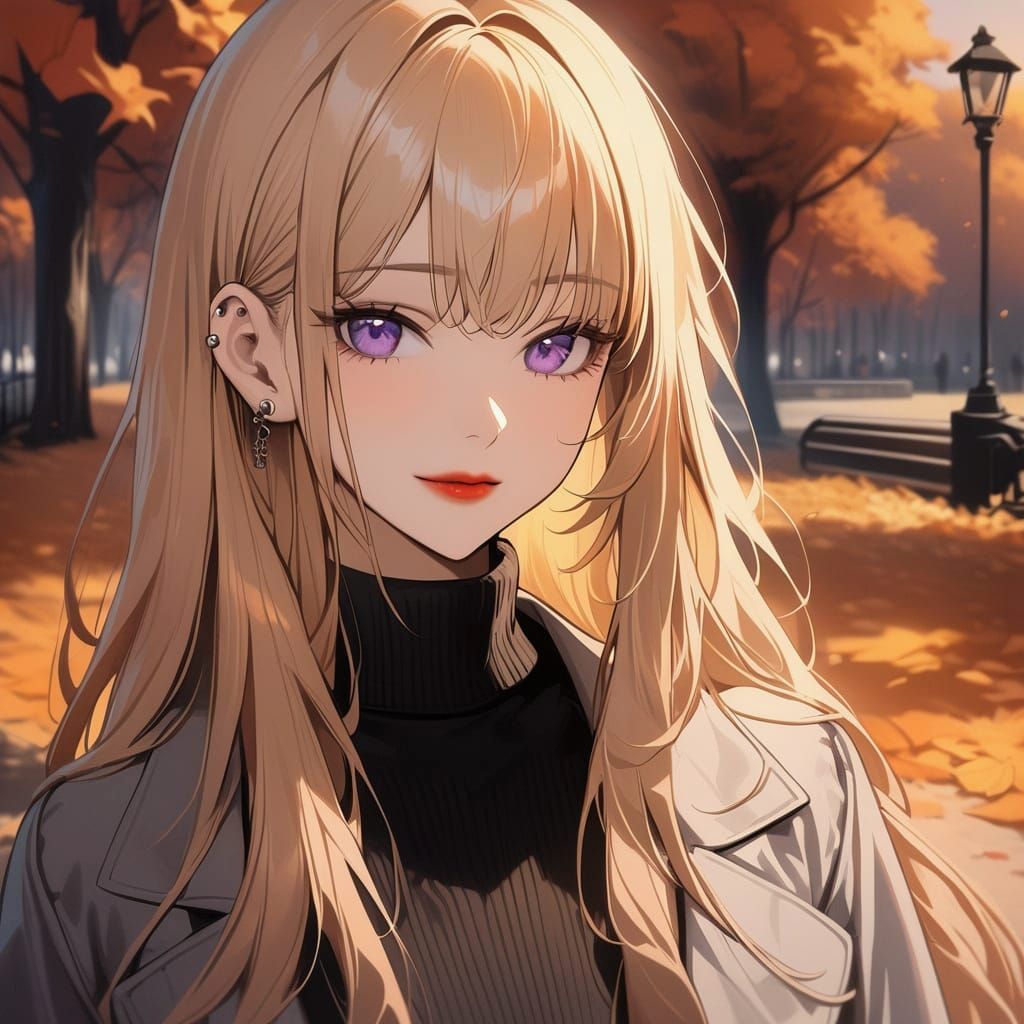 Blonde Woman in Autumn Park at Sunset