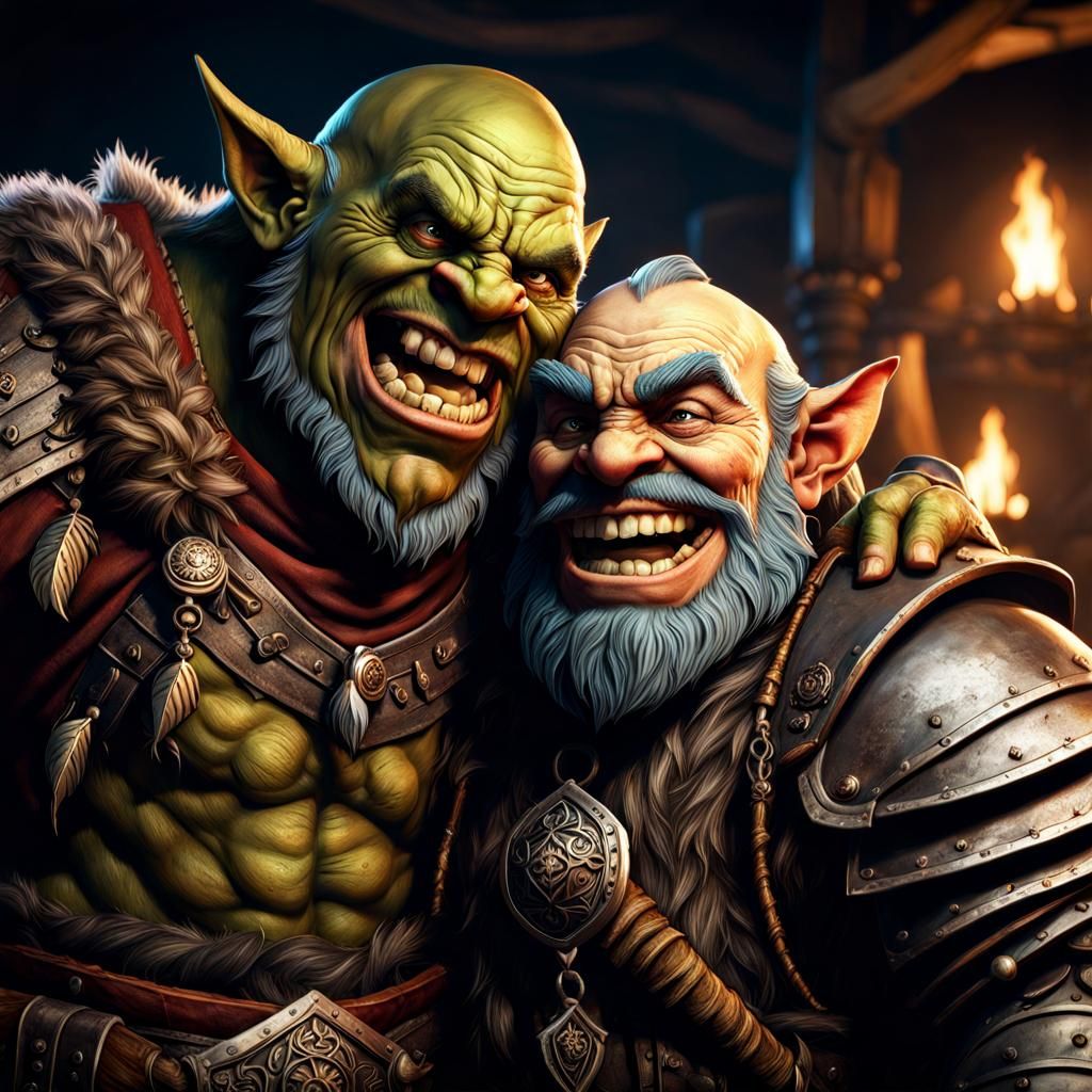 Orc and Dwarf Brawl Aftermath: Hyperrealistic Digital Art