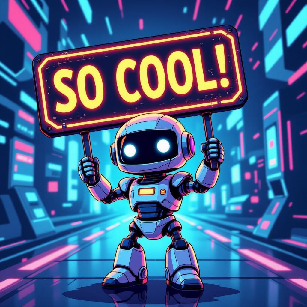 Robot Holds Sign in Vibrant Futuristic Scene