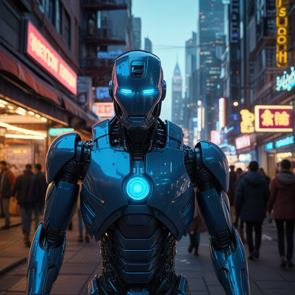 Glowing Blue Robot Walks Through a Futuristic Cityscape