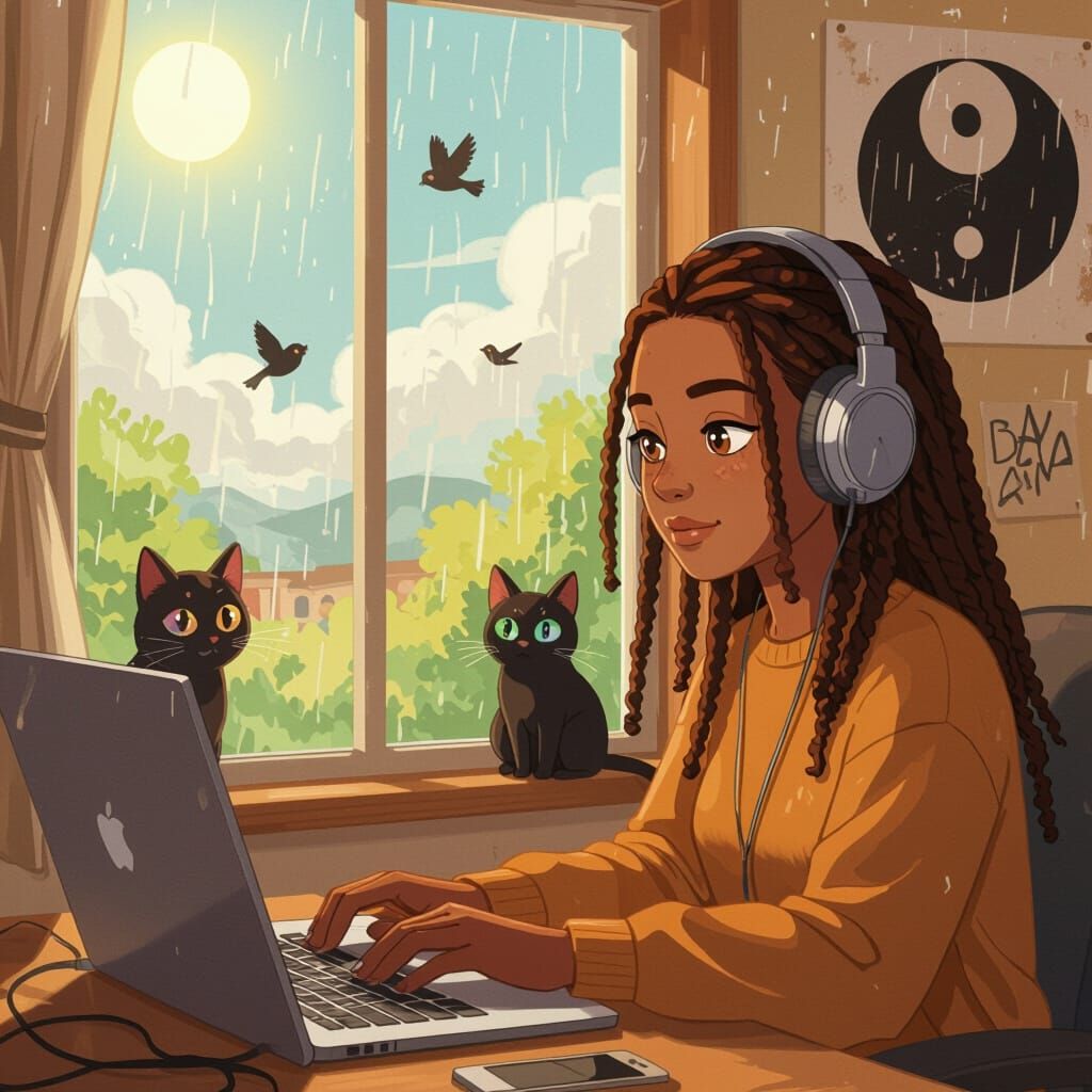 Lofi Musician in Sunny Rain Studio with Cat