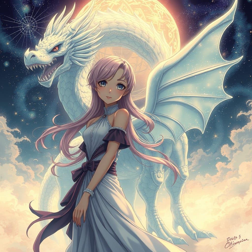 Anime Heroine Encounters Celestial Dragon in Ethereal Dreamw...