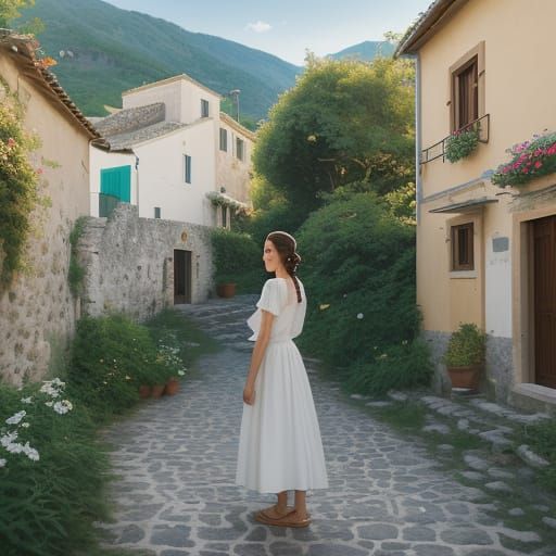 Serene Woman in Greek Village