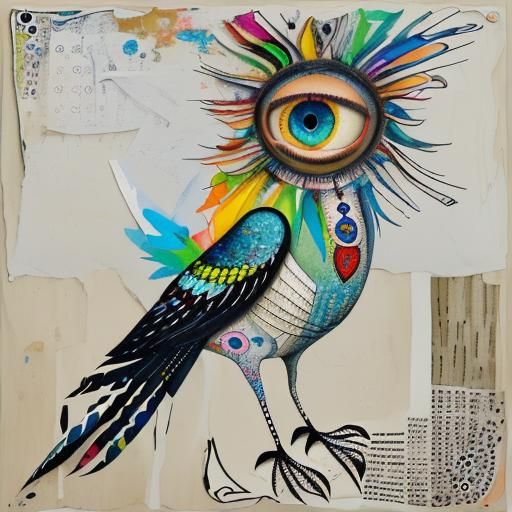 Abstract Bird Portrait in Mixed Media Collage