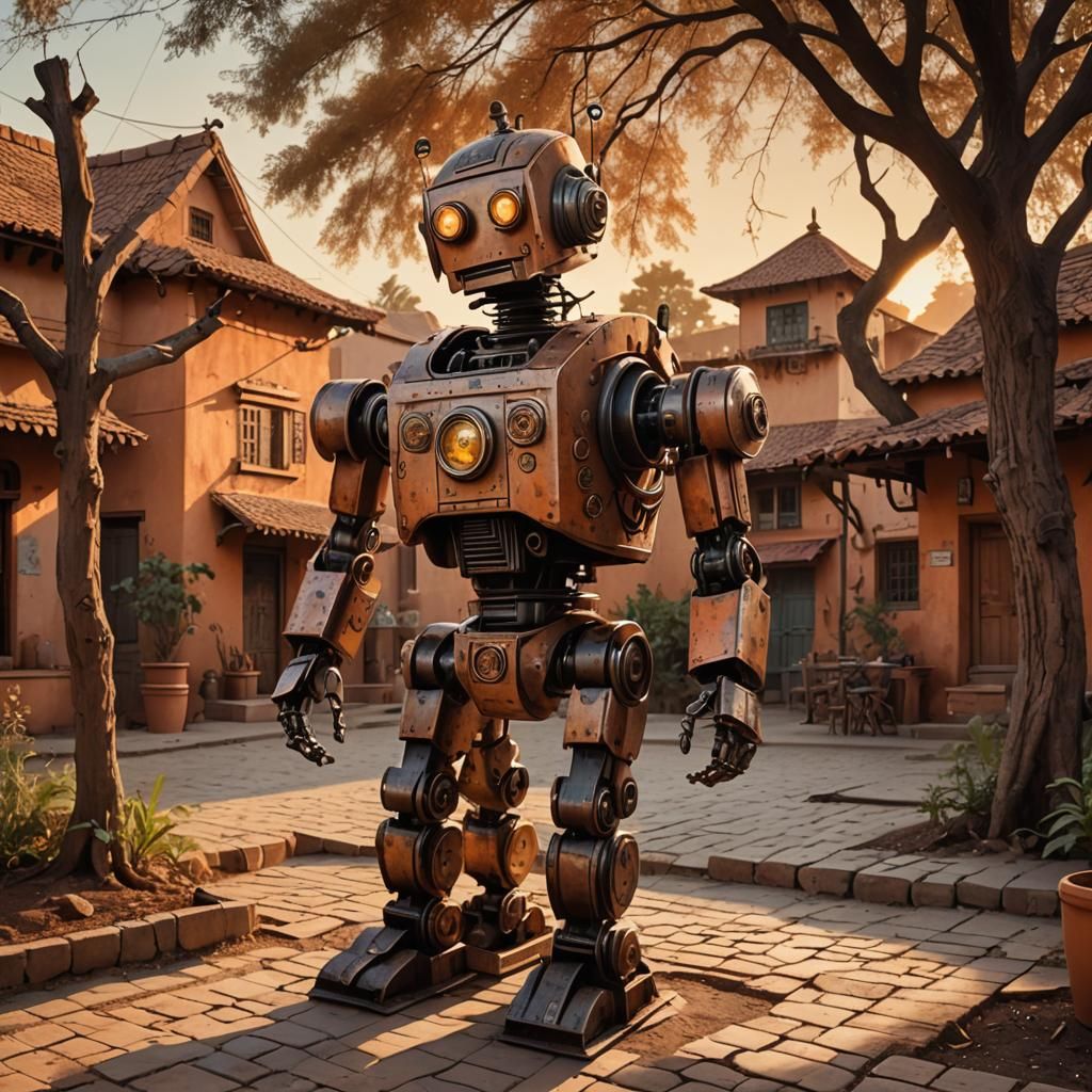 Retro Robot in Village at Dusk