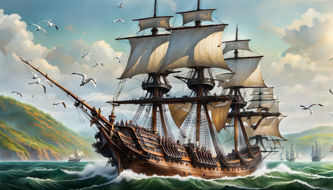 Majestic Galleon Sailing in Strong Wind