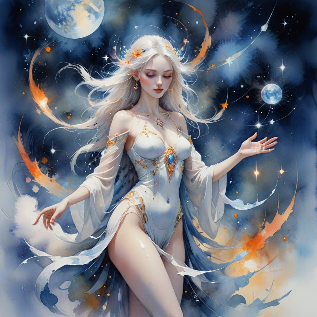 Celestial Sorceress Casting Spells: Watercolor Fantasy