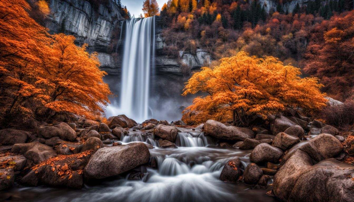 Hyper Realistic Autumn Waterfall with Moody Atmosphere