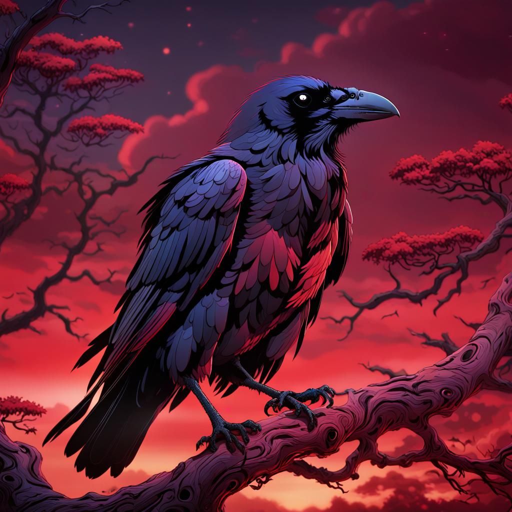 Raven in Blood Red Sky: Vibrant Anime Style