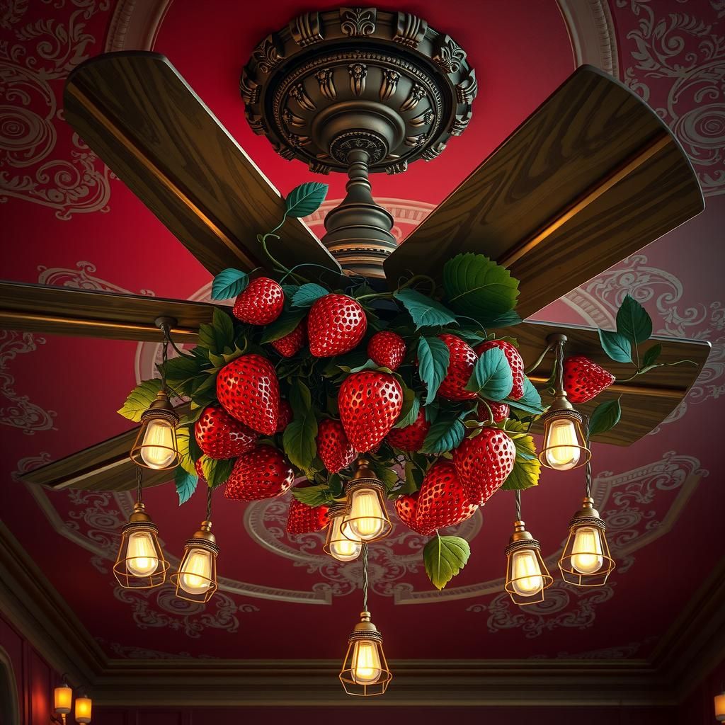Surreal Strawberry Ceiling Fan in Photorealistic Style