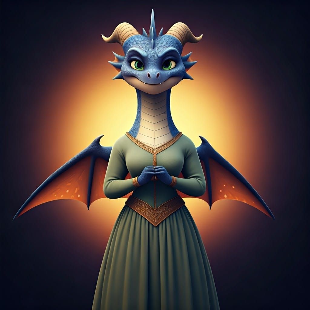 Fearless Female Dragon with Wings and Long Sleeve Dress in V...