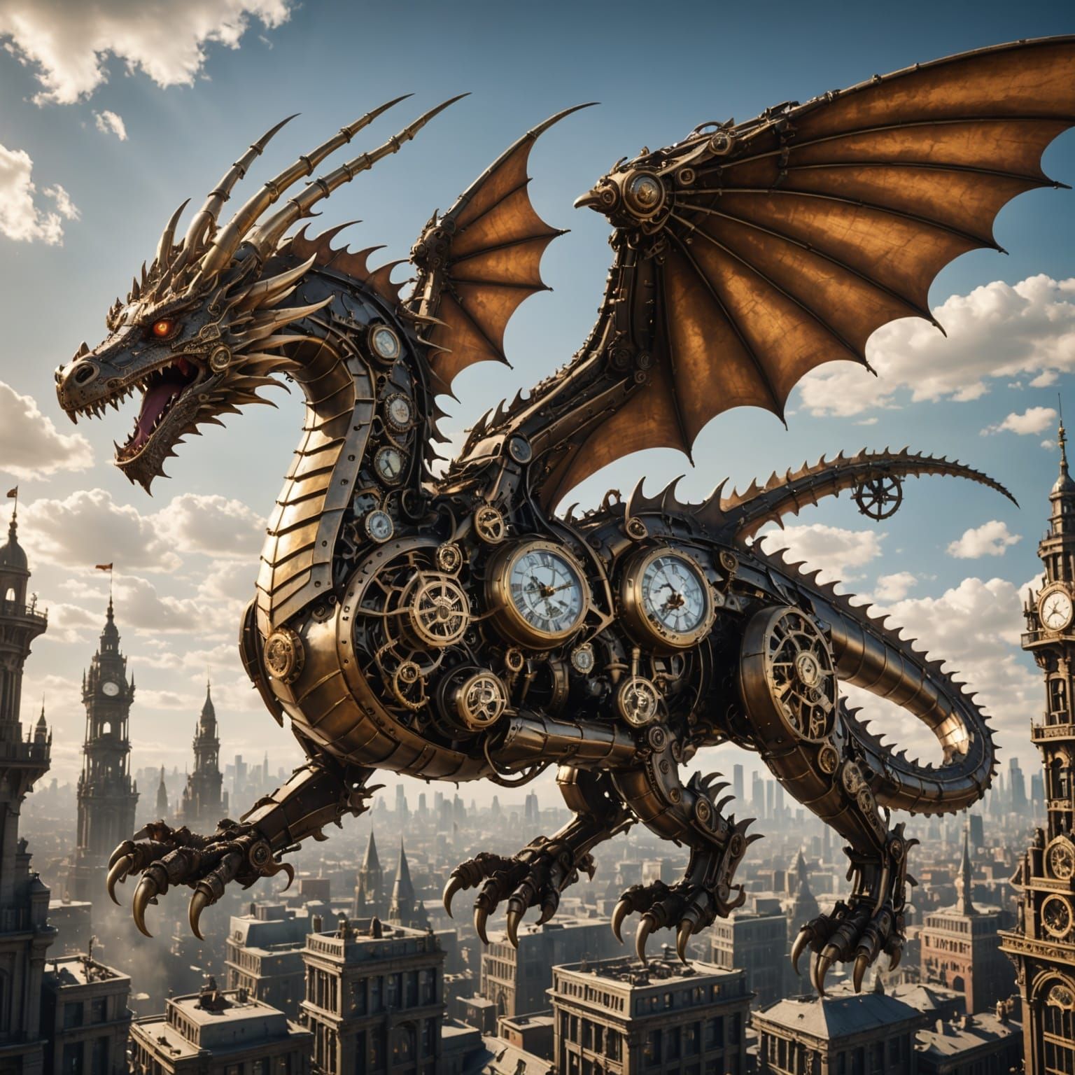 Steampunk Mechanical Dragon Soaring Over City, 8k