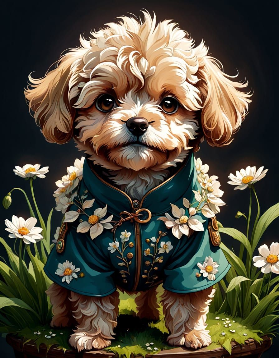 Surreal Maltipoo Concept Art in Whimsical Spring Setting