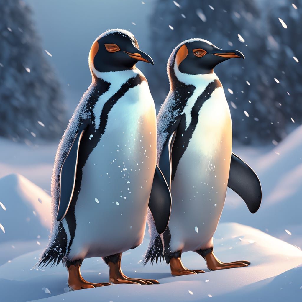 A pair of plump, doodle-style penguins joyfully sliding down...