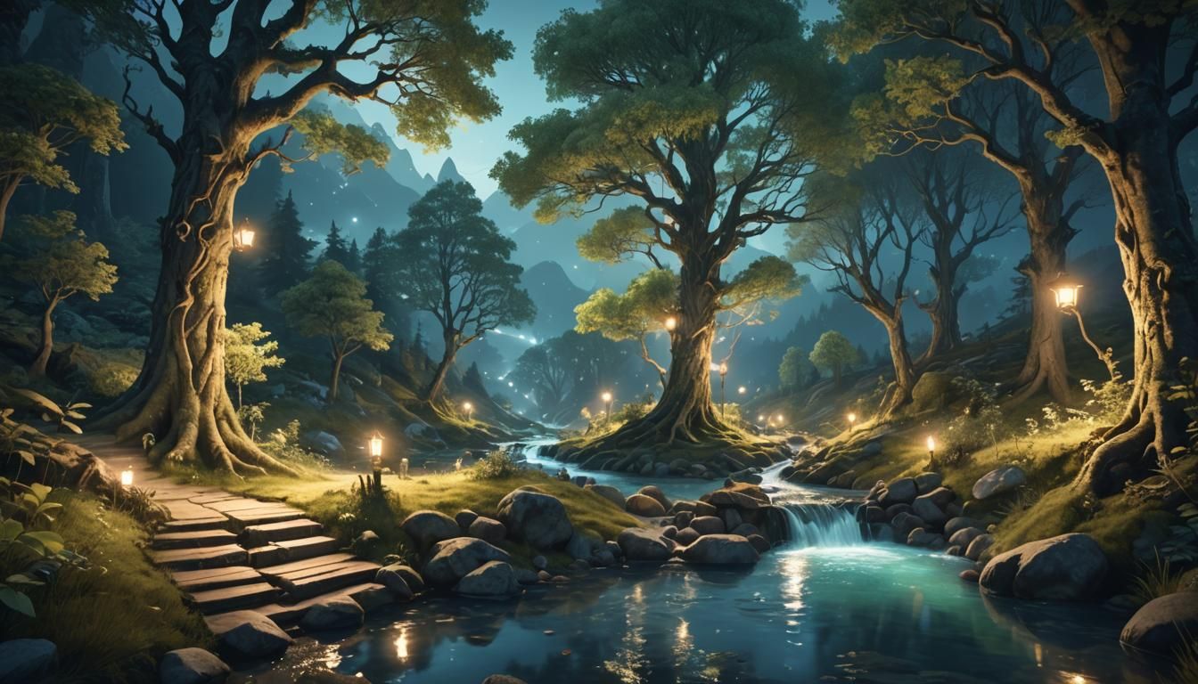 Enchanted Forest Landscape in Cyanotype Style