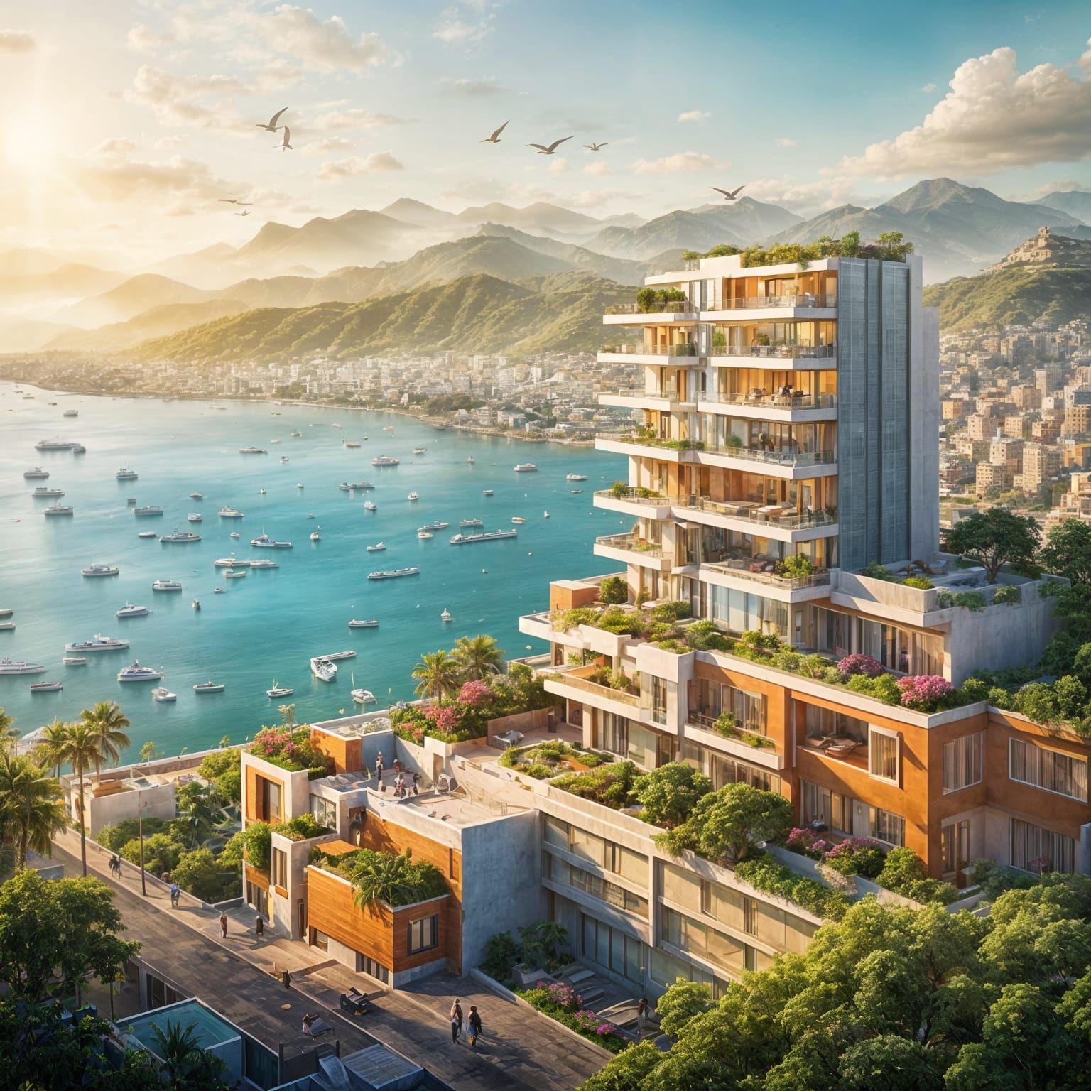 Modern City with Ancient Indian Architecture and Terraces