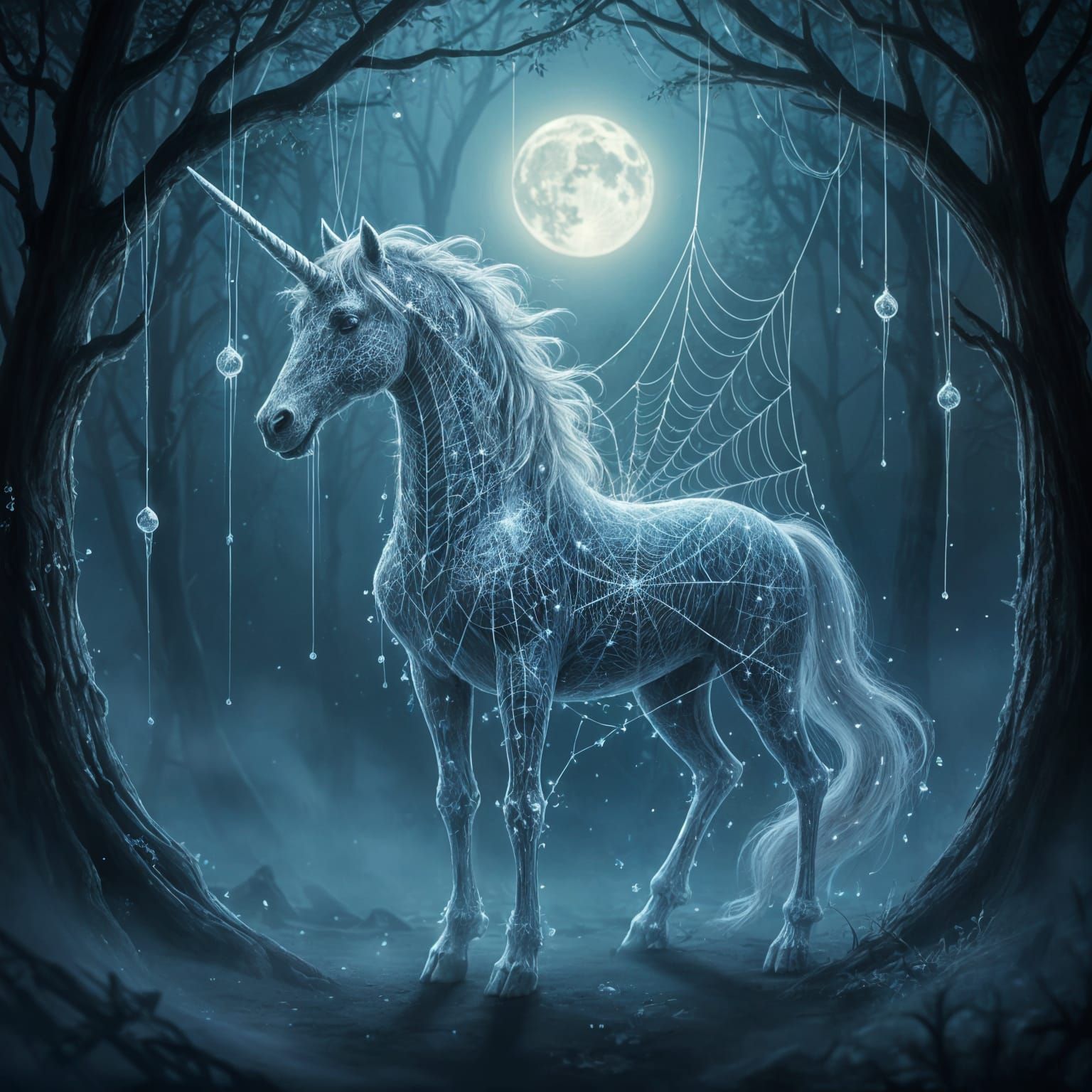 Ethereal Spiderweb Unicorn in Moonlit Forest