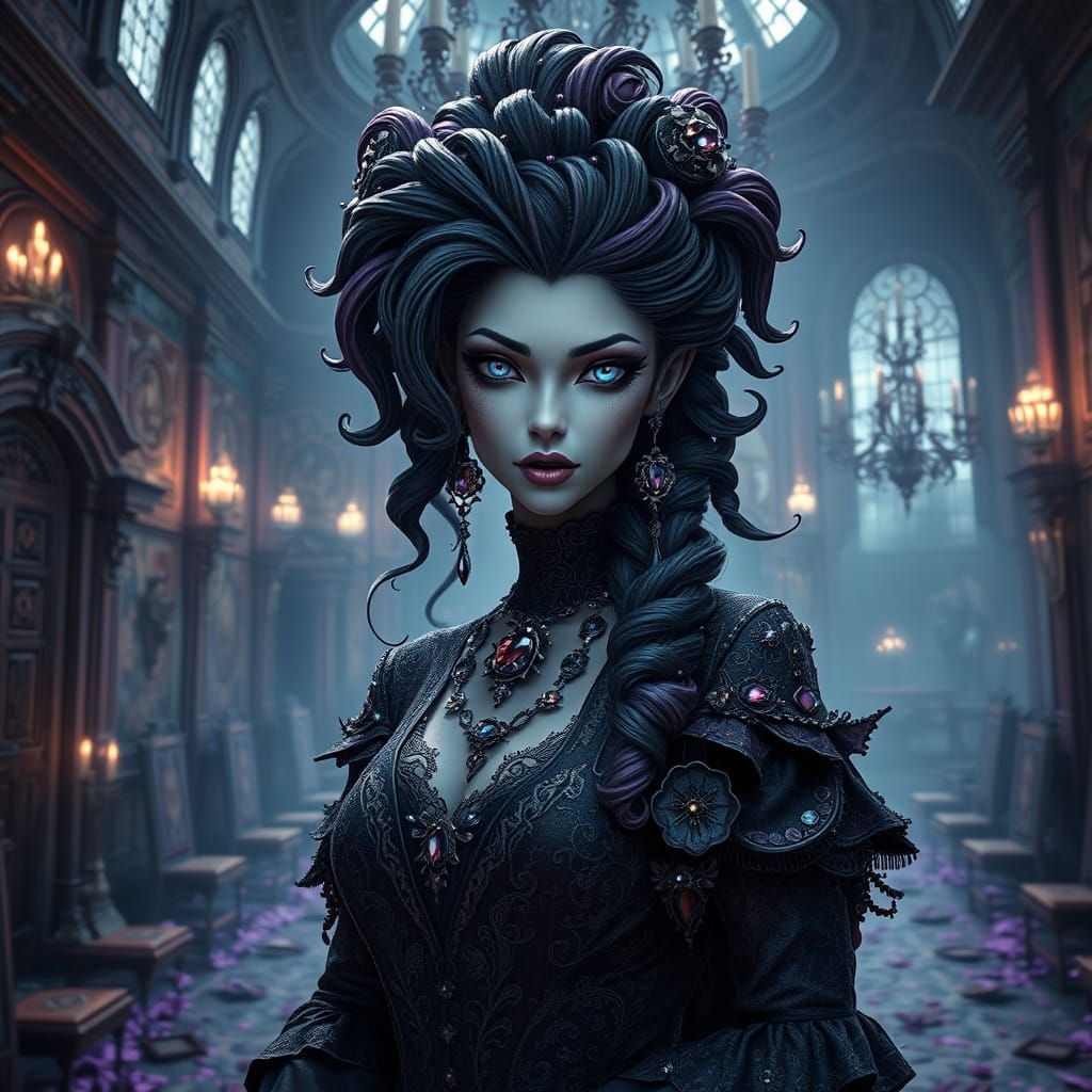 Gothic Vampire Queen in Decaying Ballroom, Dark Fantasy Art