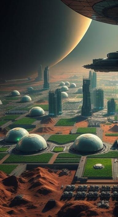 Mars Settlement: Domed City with Orbiting Station