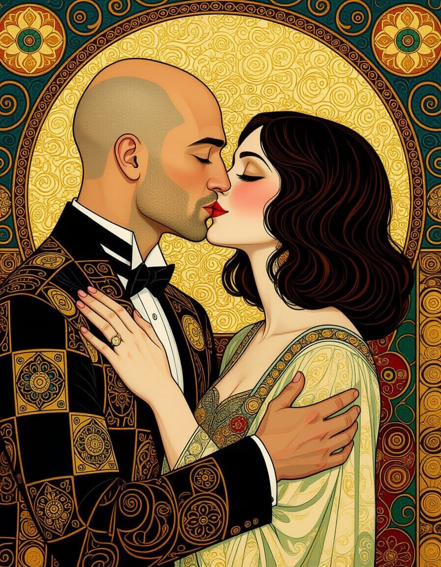 Klimt-Inspired Kiss with Gold Leaf and Intricate Patterns