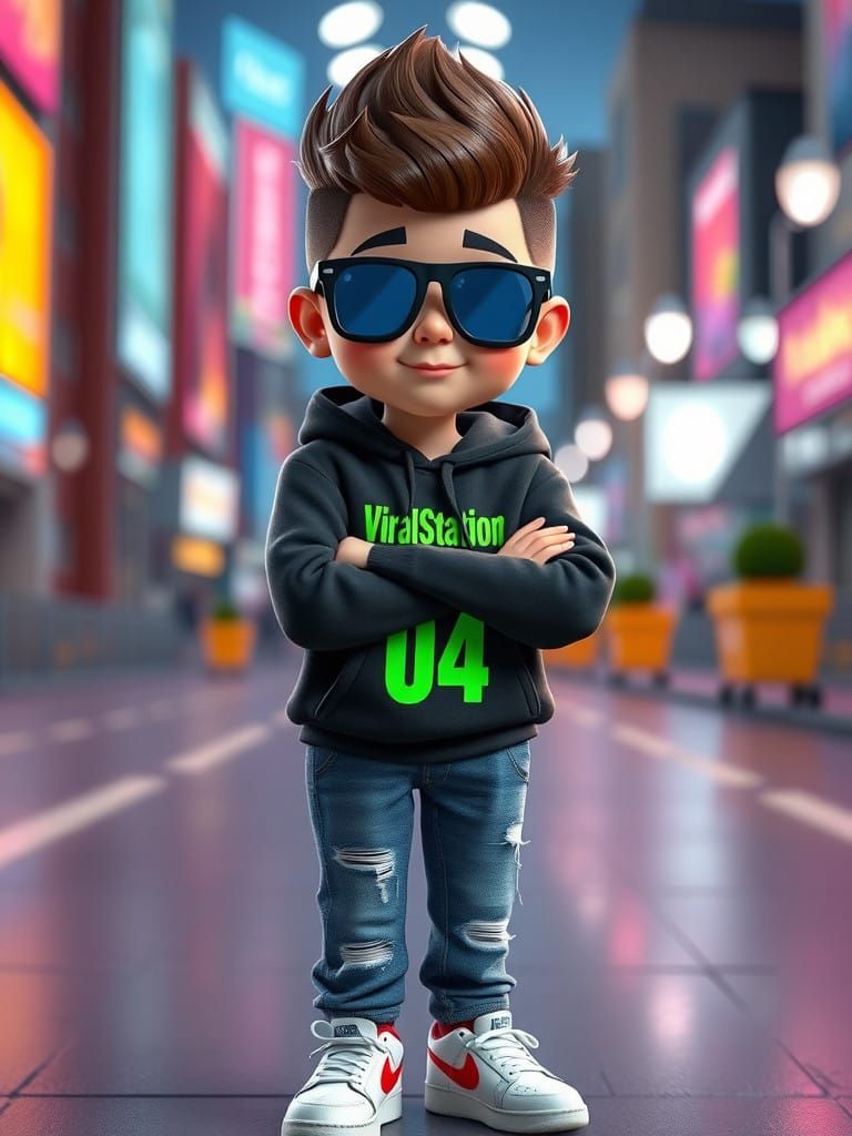 Stylish 3D Cartoon Kid with Urban Flair in Neon and Bright C...