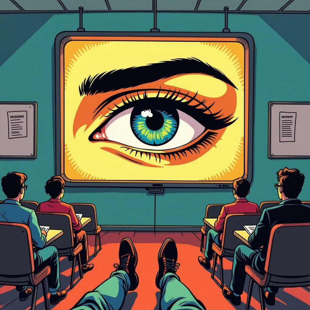 Unblinking Eye Teaches From Screen Amidst Disembodied Feet