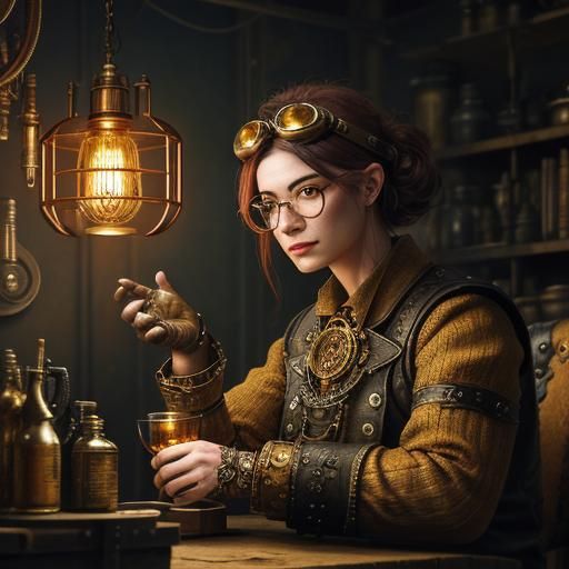 Steampunk Engine Needlepoint Art in Cluttered Workshop