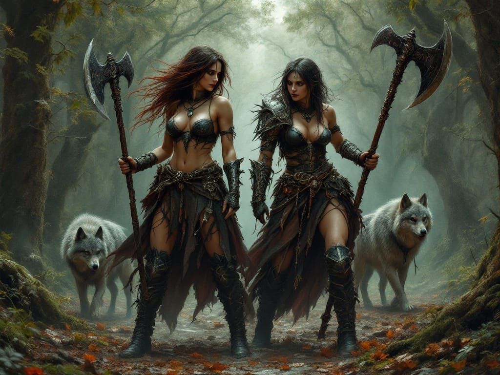 Gothic Warrior Women Unite with Wolf Companions in Dark Fore...
