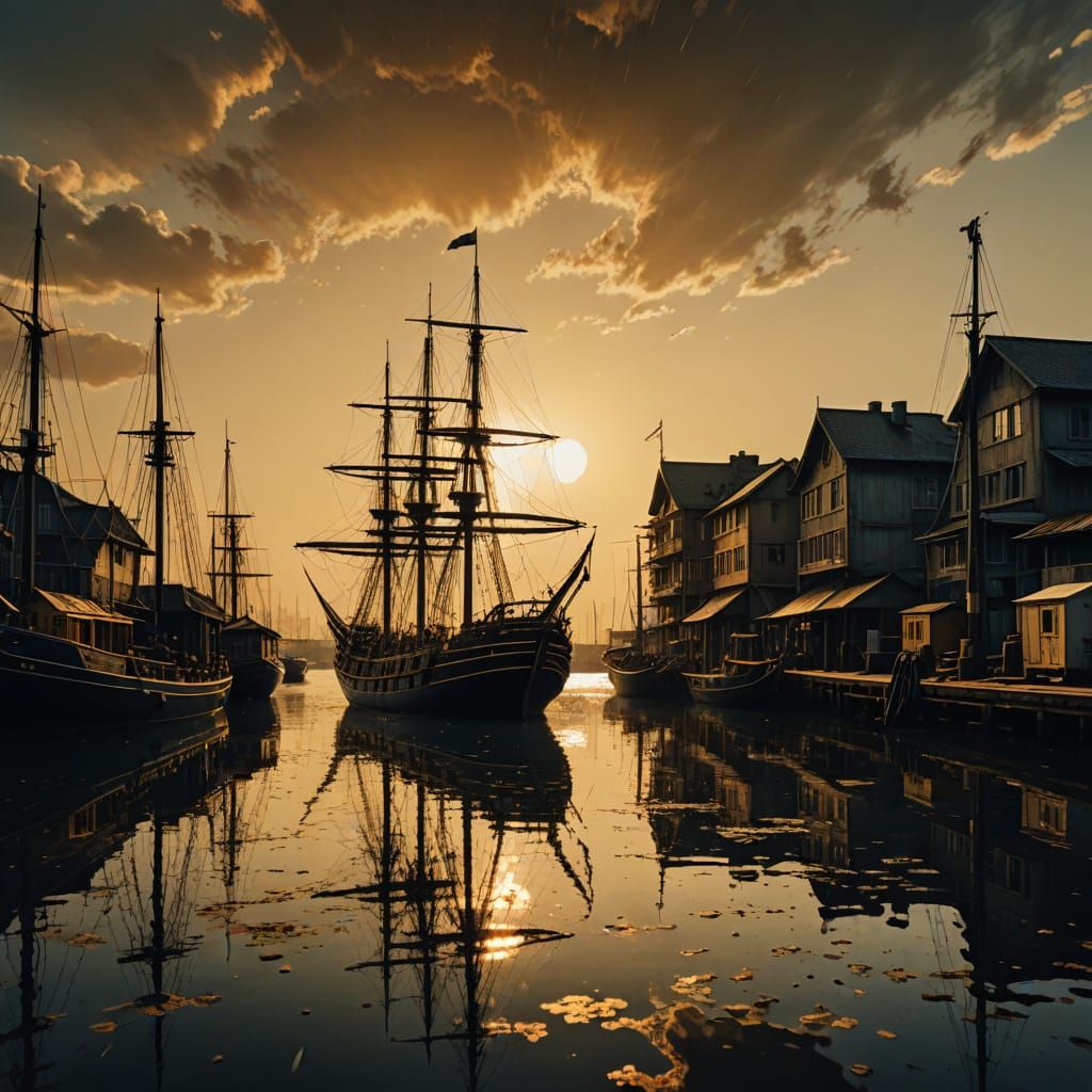 Sailing ships in the harbour yellow lantern light in golden ...