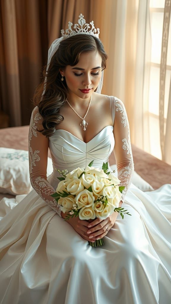 A man-crossdresser as bride sits serenely, embodying elegance and grace. Her latex gown features a classic design with a...