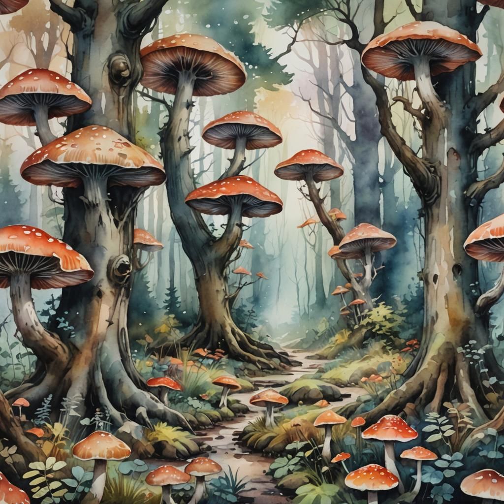 Mystical Forest: Watercolor Landscape with Glowing Mushrooms