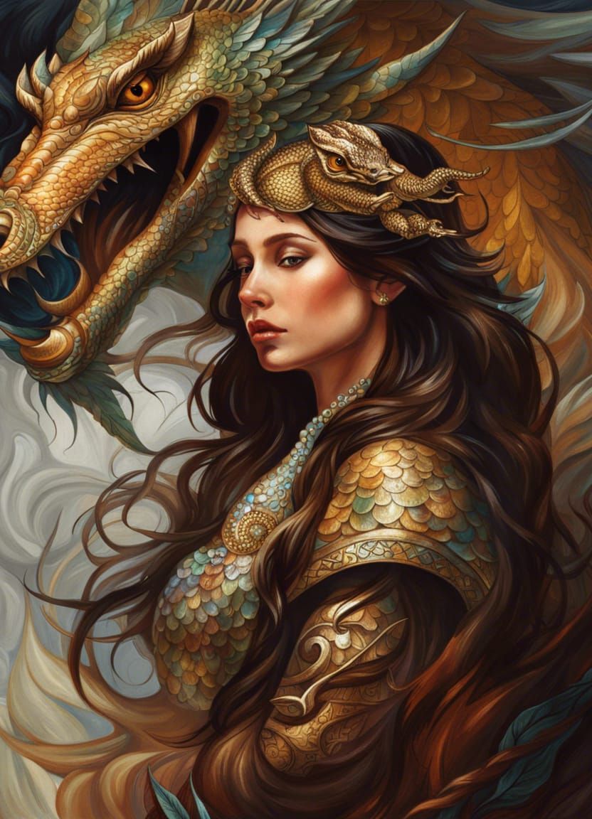 Woman with Iridescent Dragon: Art Nouveau Style