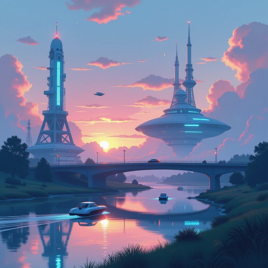 Dreamlike Scene with Futuristic and Nostalgic Elements