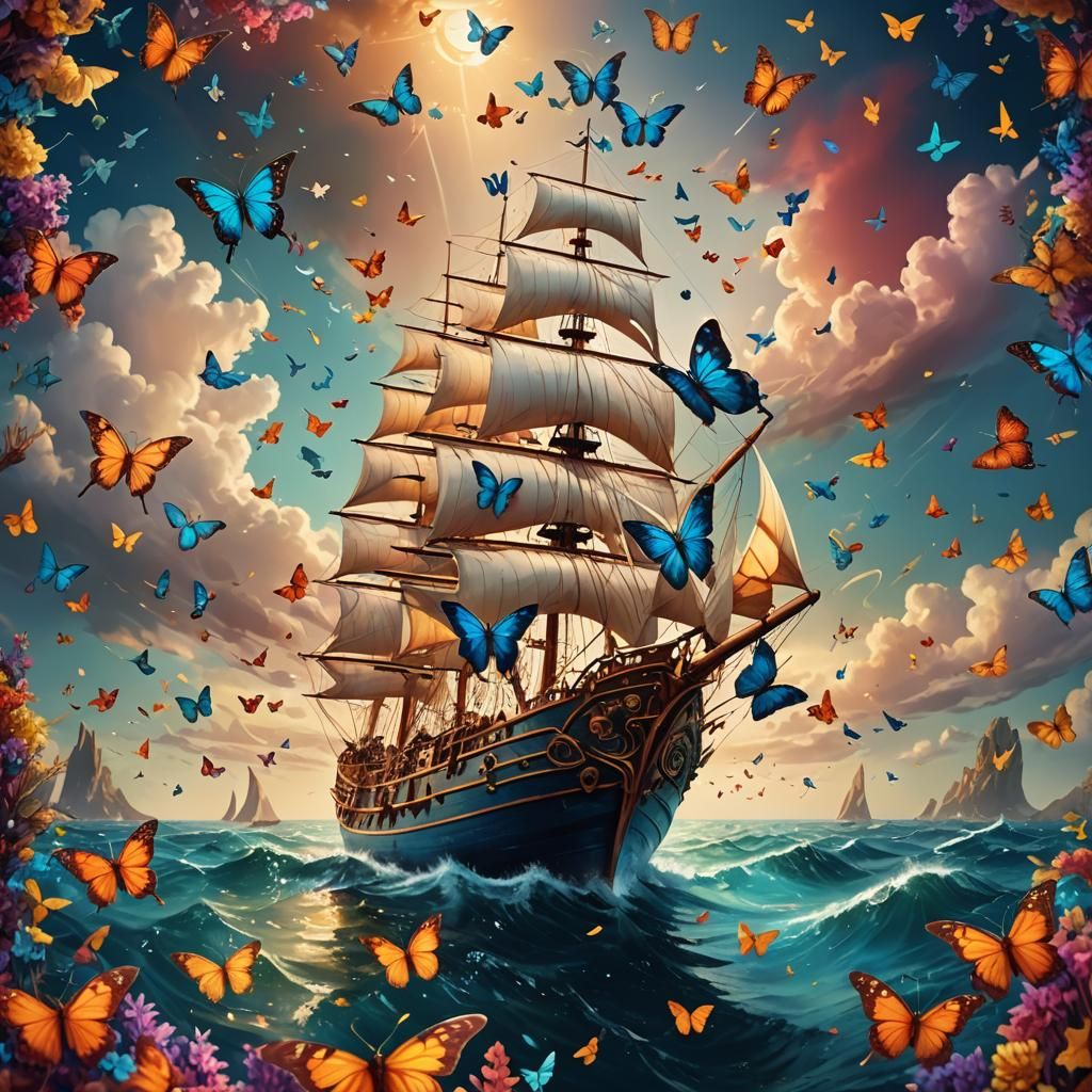 Butterfly Sailboat: Surrealist Fantasy Art