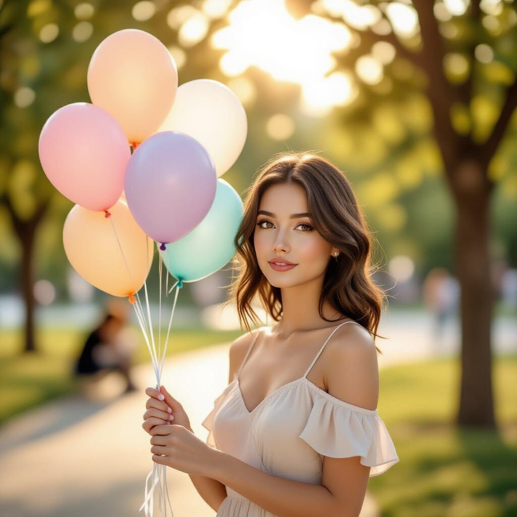 Woman with Pastel Balloons in Golden Hour Park