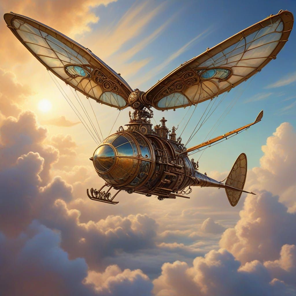 Steampunk Ornithopter Soaring Through Iridescent Clouds