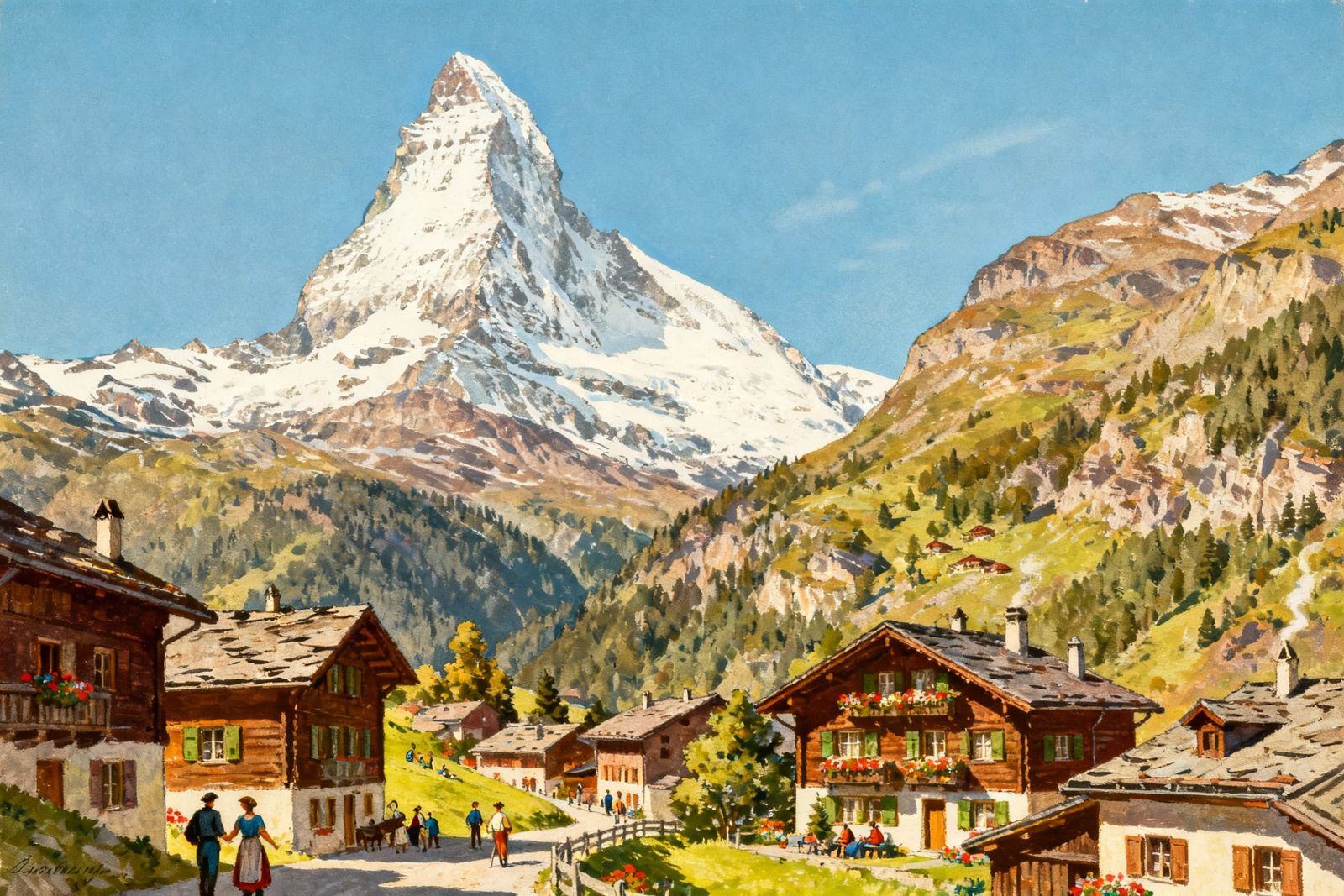 1950s Swiss Postcard: Charming Village Below Matterhorn
