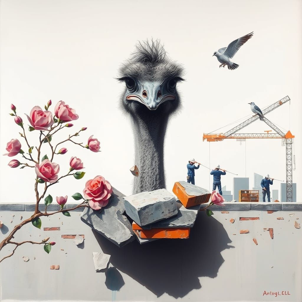 Emu Head Emerges from Shattered Concrete on Indian Rooftop