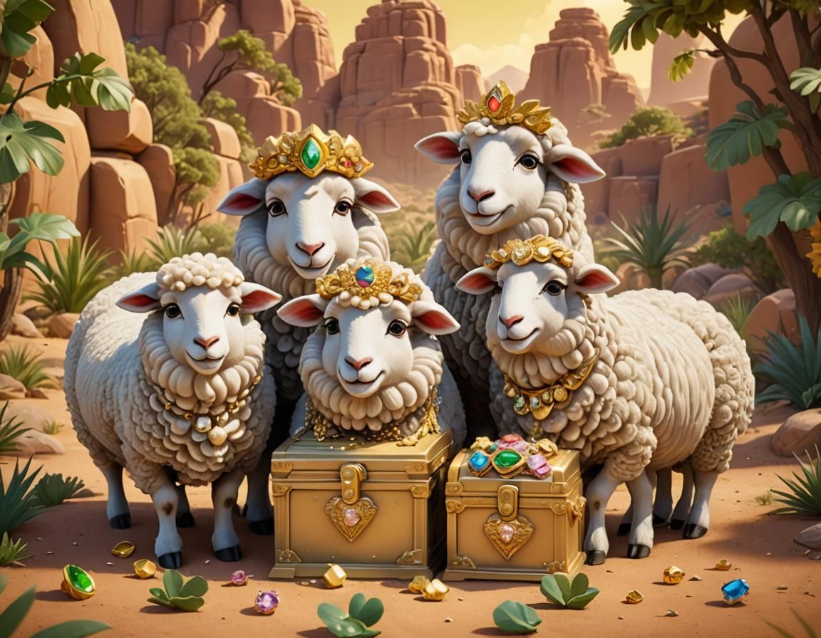 Smiling Sheep Discover Treasure: Pixar-Style 3D Art